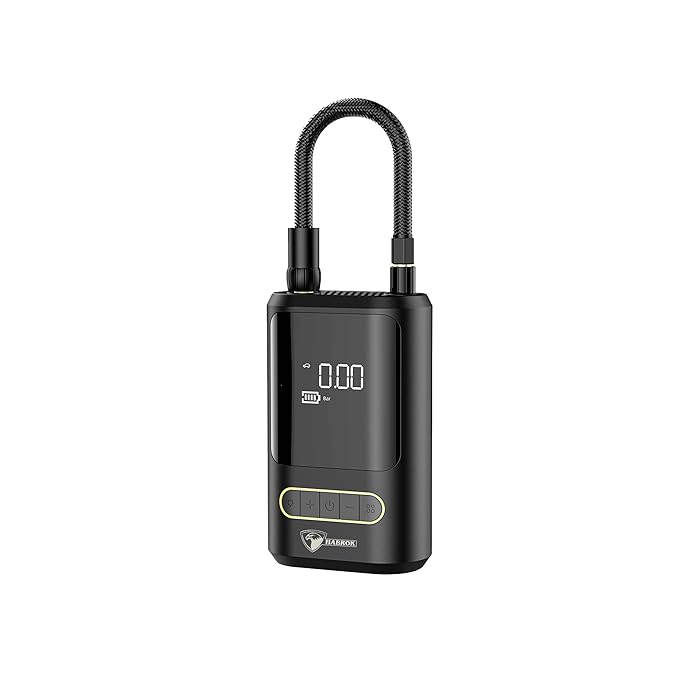 Black HABROK portable digital air compressor with its braided hose looped over the top on a white background.