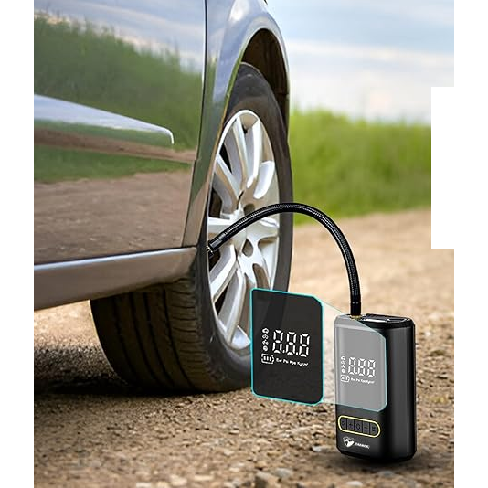 HABROK portable digital air compressor connected by its braided hose to the front tyre of a parked silver car.