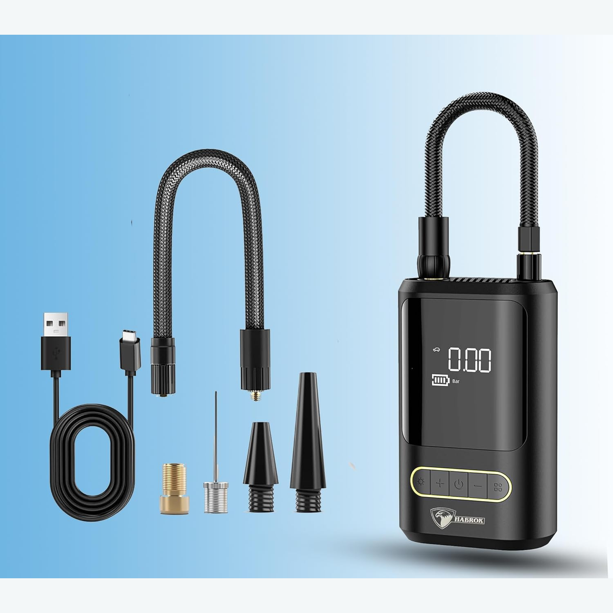 Portable digital tyre inflator shown with supplier-listed hose, sports-ball needle, tapered nozzles, charging cable and brass adapter